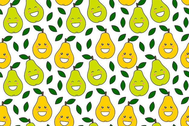 子供のための幸せなかわいい果物のプリント漫画のスタイルの笑顔の洋ナシとかわいいシームレスパターン笑顔の面白い果物の飾り服のテキスタイルファブリックラッピングスクラップギフトペーパーのデザイン