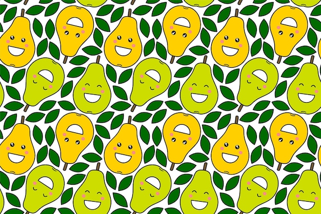 Happy kawaii fruits prints for kids cute seamless pattern with smiley pears in cartoon style ornament with smiling funny fruit design for clothes textile fabric wrapping scrap gift paper