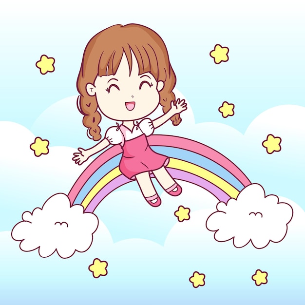 Happy kawaii girl on rainbow llustration