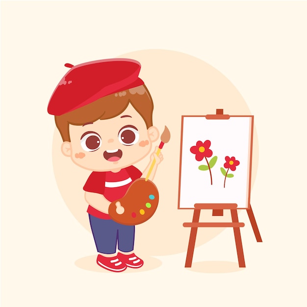 Happy kid boy draw flower painting during art class