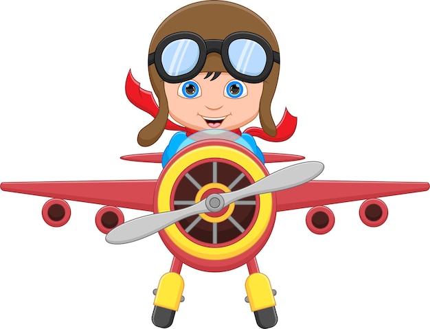 Vector happy kid boy riding a plane on white background