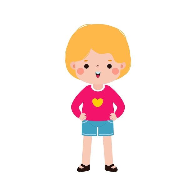 Happy kid cartoon character flat style cute little child standing isolated on white background