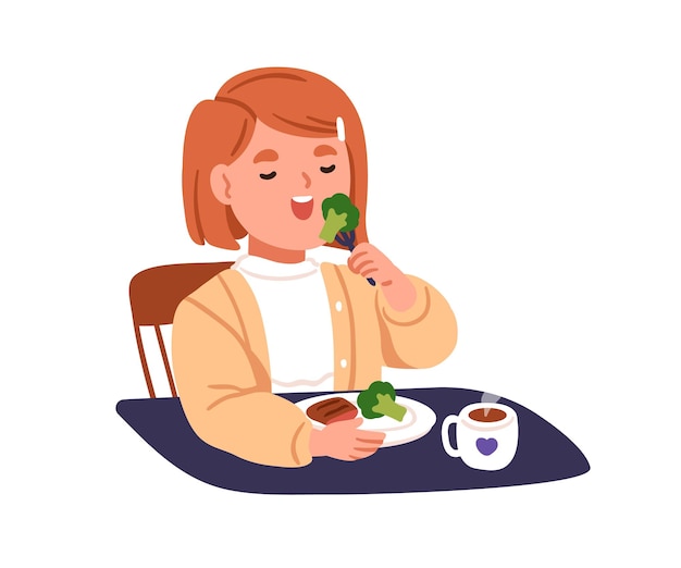 Vector happy kid eating healthy food cute little girl at lunch childs wholesome breakfast meal with broccoli vegetables and meat tea cup at table flat vector illustration isolated on white background