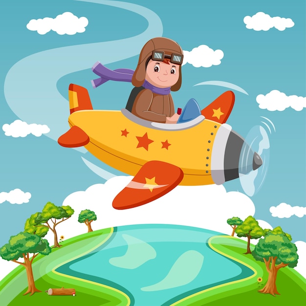 Happy Kid Flying In Airplane Vector illustration