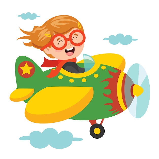 Vector happy kid flying in airplane