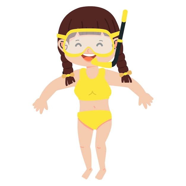 Vector happy kid girl snorkeling in swimming suit