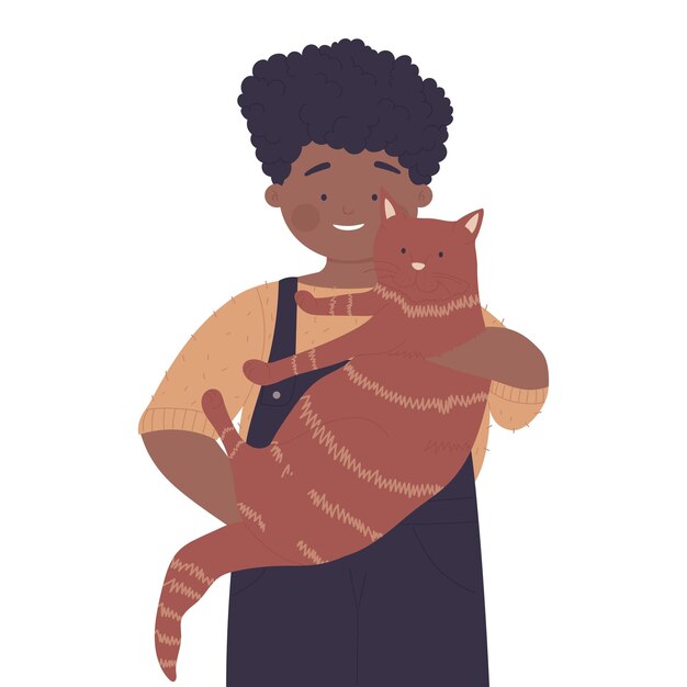 Vector happy kid holding his cat pet