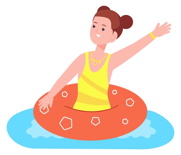 Happy kid on inflatable pool ring Swimming girl