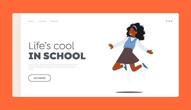 happy kid jumping in air landing page template young african girl in school uniform jump happiness childhood and freedom concept schoolgirl rejoice for holidays cartoon vector illustration