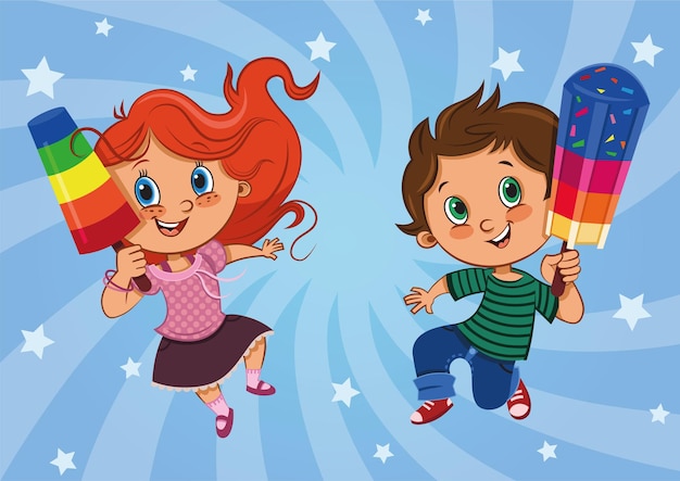 Happy kid-personages met hun ijslolly's vectorillustratie