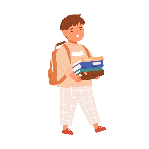 Happy kid walking with stack of books in hands and schoolbag. Elementary student child going with backpack to school. Schoolboy smiling. Colored flat vector illustration isolated on white background