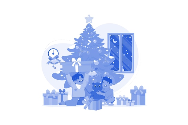 Счастливый ребенок с рождественскими подарками Иллюстрация на белом фоне