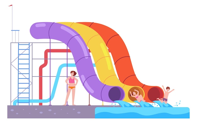 Vector happy kids in aquapark colorful water slide attraction