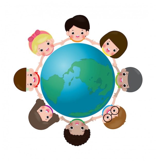 Vector happy kids around the world, children holding hands in a circle on the globe, multinational friendship of child from around the earth isolated on white white background  illustration