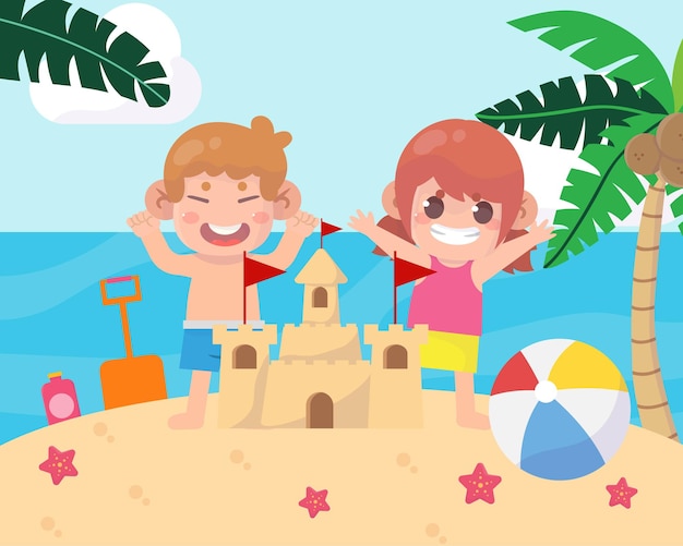 Bambini felici sull'illustrazione delle vacanze al mare