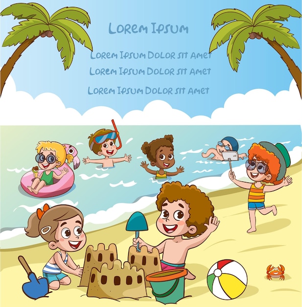 Happy kids beach holiday vector illustration isolated