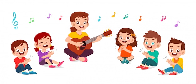 행복 한 아이 소년과 소녀는 교사와 노래를 노래