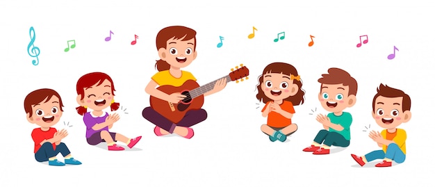 Happy kids boy and girl sing song with teacher