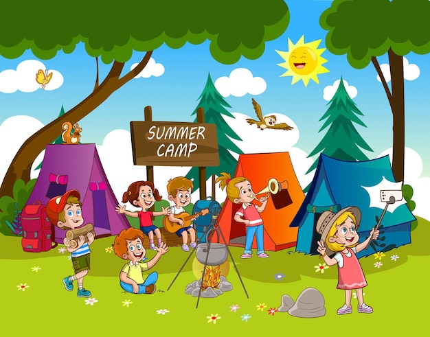 happy kids by bonfire in summer camp - kids taking camping selfie - vector illustration