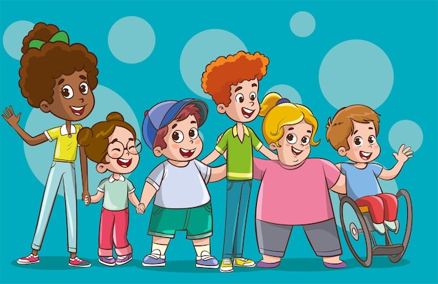 Vector happy kids cartoon collectie multiculturele kinderen in verschillende posities geïsoleerd op witte achtergrond