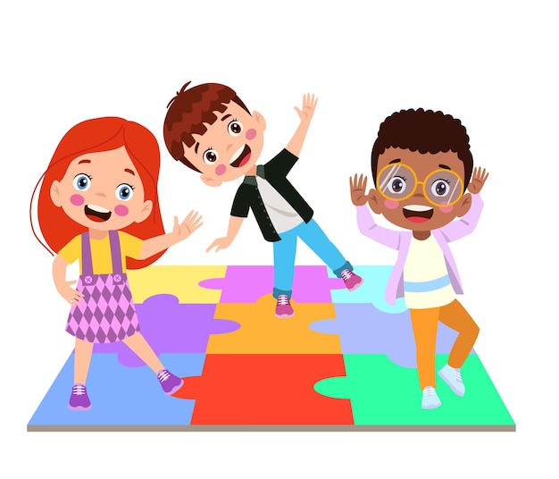 Vector happy kids cartoon collection multicultural children in different positions isolated on white background
