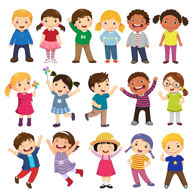 Vector happy kids cartoon collection. multicultural children in different positions isolated