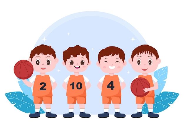 Счастливые дети мультфильм играют в баскетбол плоский дизайн иллюстрации носить форму корзины на открытом воздухе для фона, плаката или баннера