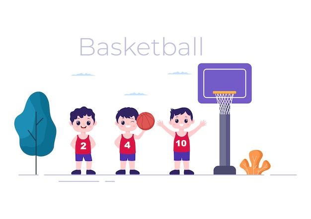 Bambini felici del fumetto che giocano a basket design piatto illustrazione indossando l'uniforme del cesto in campo all'aperto per sfondo, poster o banner
