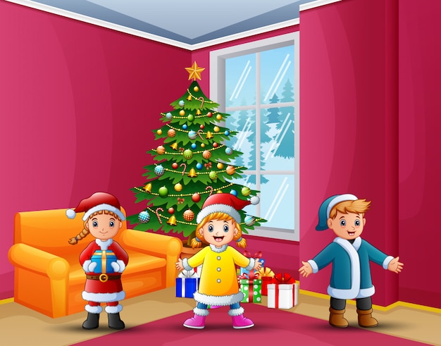 Happy kids celebration a christmas in the home