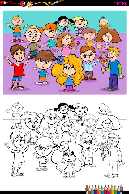 Happy kids characters group coloring book