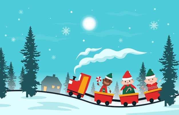 Bambini felici bambini che giocano in treno illustrazione di natale invernale