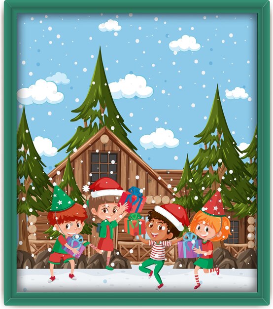 Happy kids in christmas theme photo in a frame