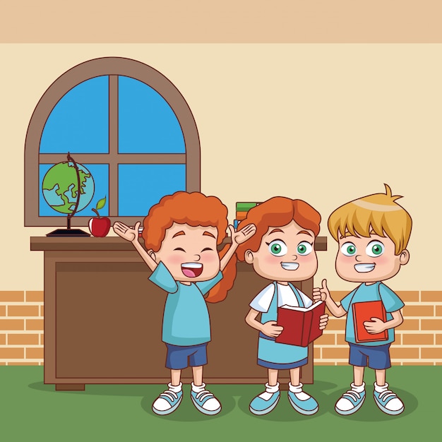 Vector happy kids at classroom cartoon