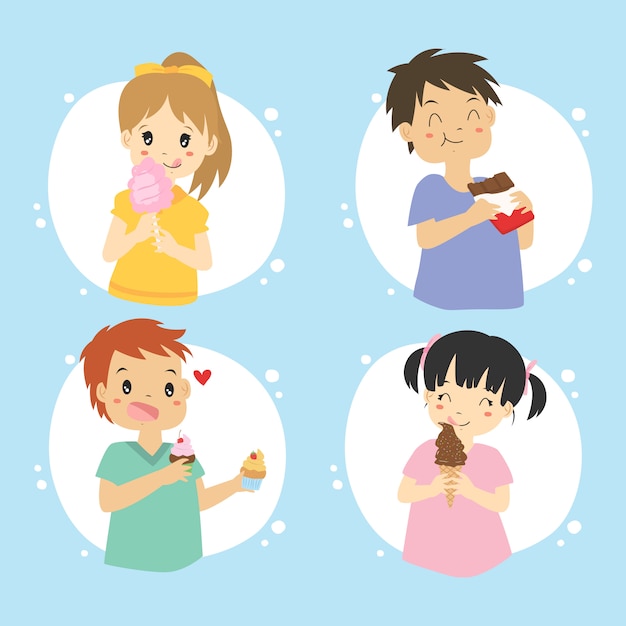 Happy kids eating sweets and cake vector set