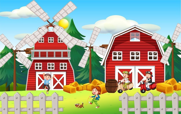 Vector happy kids in farm landscape