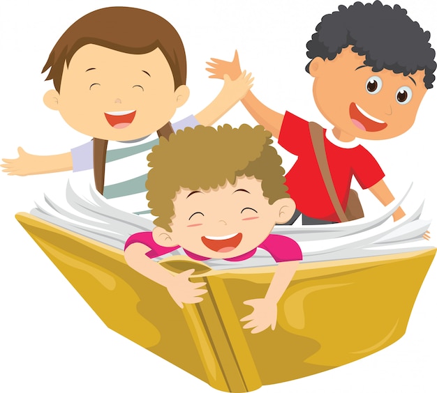 Happy kids flying on a book