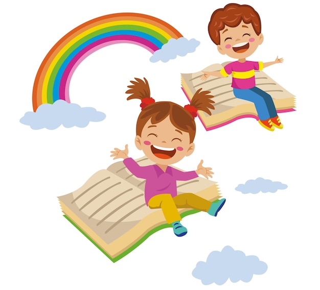 Happy kids flying to clouds over books and rainbow