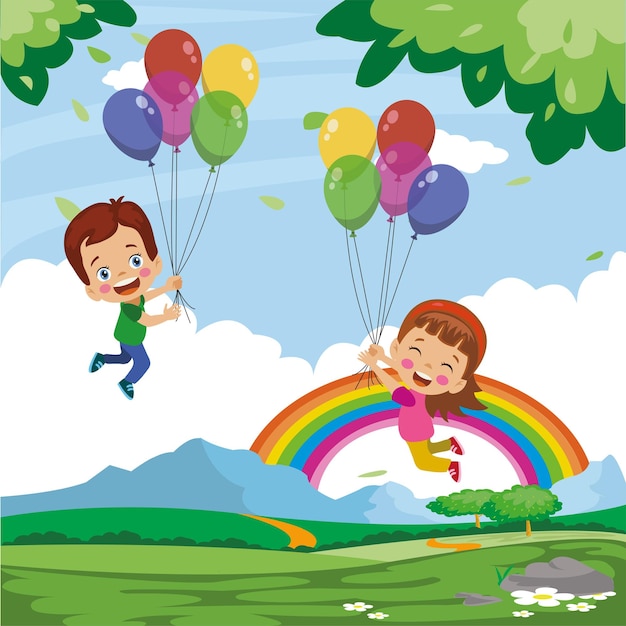 Happy Kids Flying With Balloons In The Forest Countryside