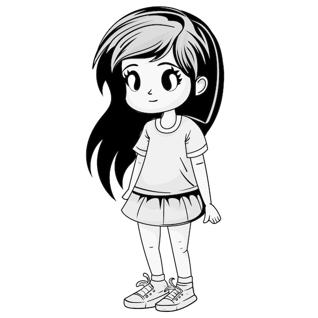 행복 한 아이 소녀 어린이 벡터 만화 색칠 공부 흑백 개요 격리 된 배경