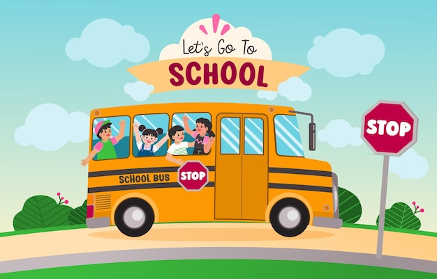 Счастливые дети ходят в школу на векторной иллюстрации автобуса