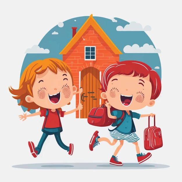 Vector happy kids going to school from home vector illustration white background