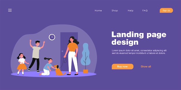 Счастливые дети приветствуют мать с собакой. Дом, домашнее животное, счастливая плоская векторная иллюстрация. Концепция семьи и домашних животных для баннера, дизайна веб-сайта или целевой веб-страницы