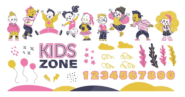 Группа счастливых детей, улыбаясь, прыгая, празднуя Элементы декора, набор воздушных шаров, звезды, облака, числа, рисованный стиль, векторная иллюстрация Для дня рождения, баннер, пригласительный билет, детская зона