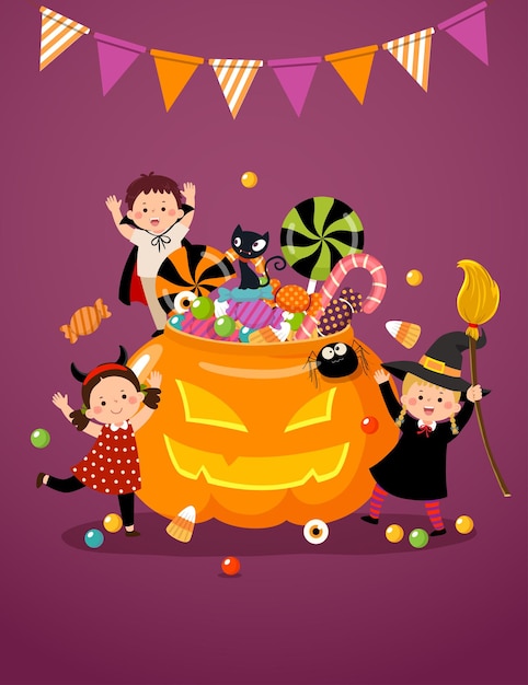 Vettore bambini felici in costumi di halloween e una zucca piena di caramelle.