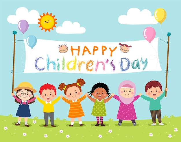 Happy kids holding  childrens day banner