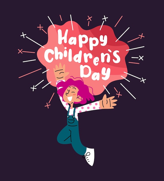 Happy kids holding happy childrens day banner flat vector illustration