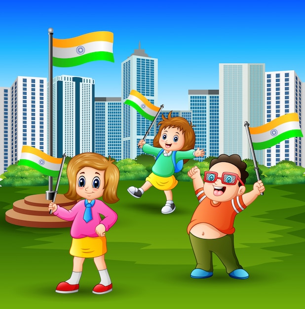 Happy kids holding national flag on the city park