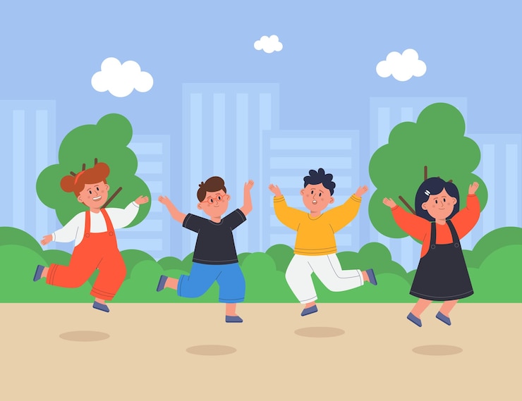 Vector 遊び場フラットベクトルイラストにジャンプする幸せな子供たち。一緒に楽しんでいる子供たちのグループ。女の子と男の子の漫画のキャラクターが屋外で遊んでいます。バックグラウンドで駐車します。自然、子供の頃の概念