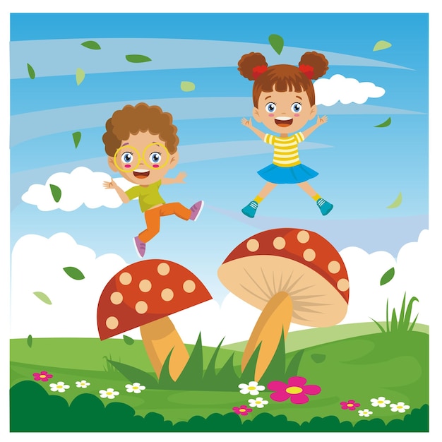 Happy kids jumping on red cute mushrooms