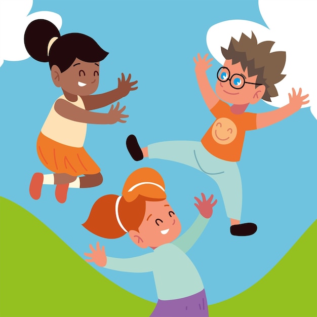 Vector happy kids jumping together cartoon